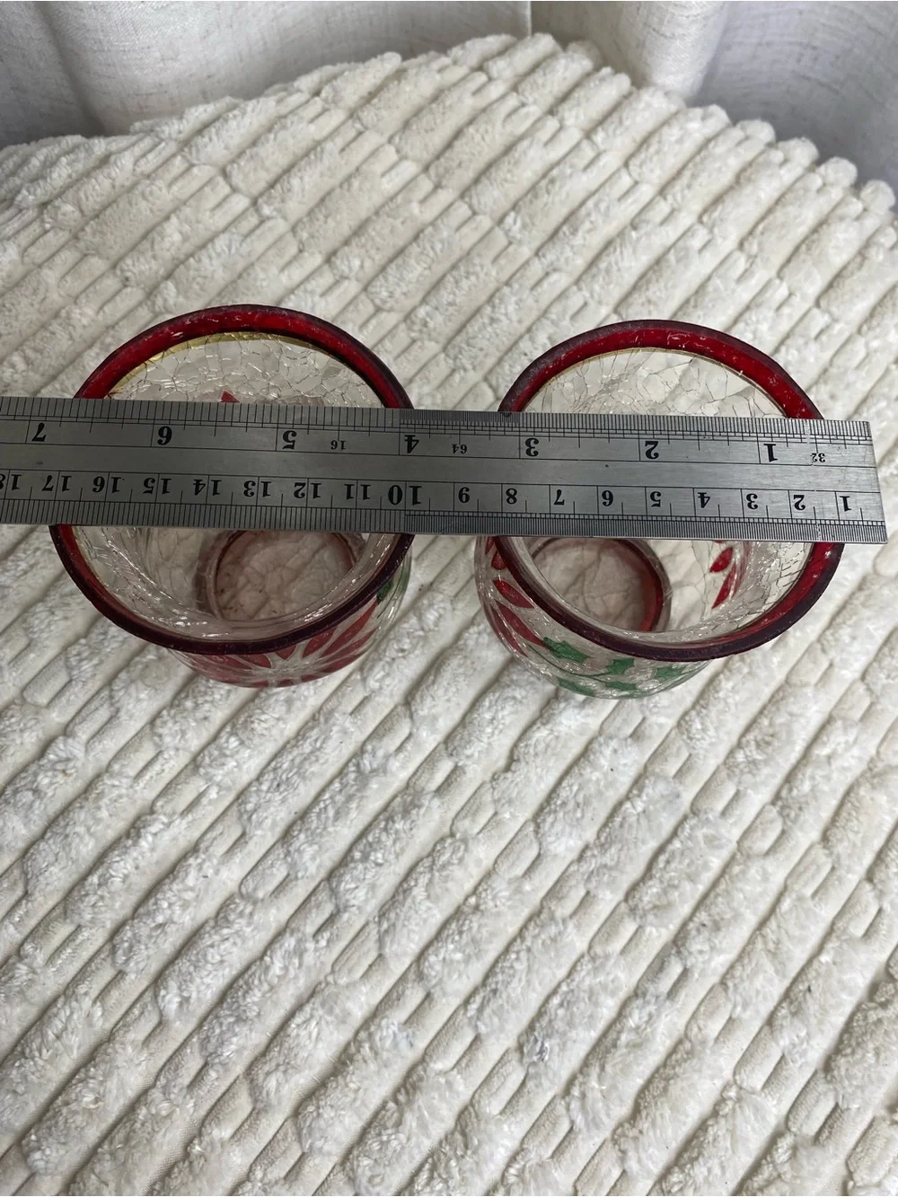 Vtg Crackle Glass Christmas Votive Candle Holders Red Poinsettia Pair 4